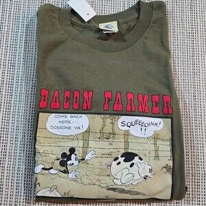 VTG 90s Disney Mickey T-Shirt Bacon Farmer Funny Graphic Olive Green XXL NWT